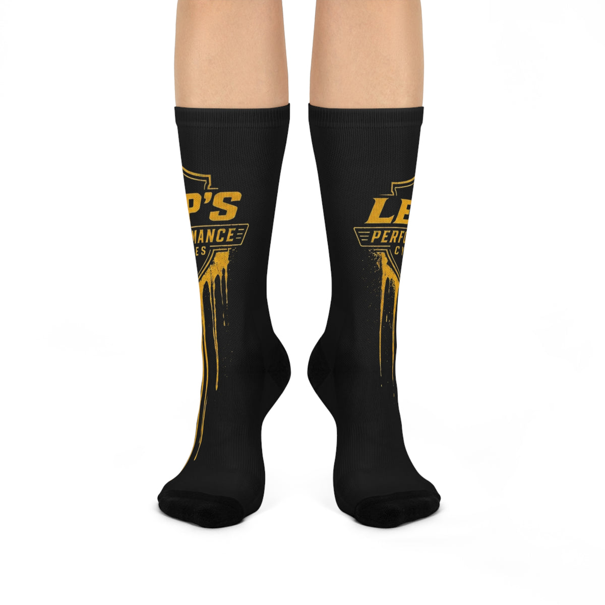 Cushioned Crew Socks — Pep's Performance Cycles Logo Crew Socks (Black & Gold Drip)