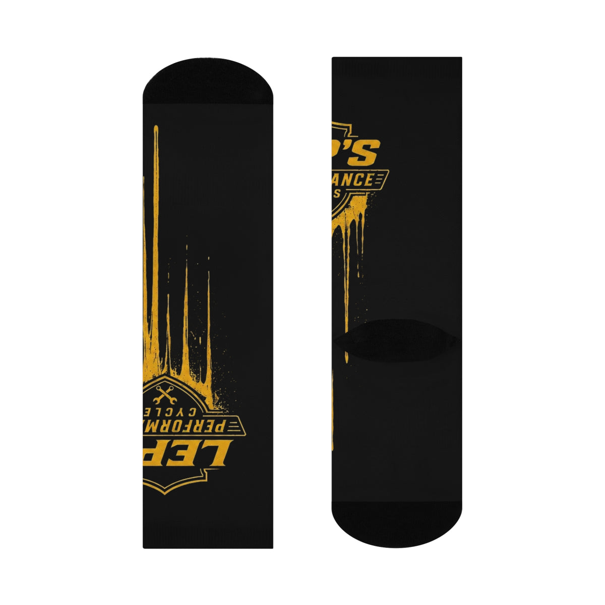 Cushioned Crew Socks — Pep's Performance Cycles Logo Crew Socks (Black & Gold Drip)