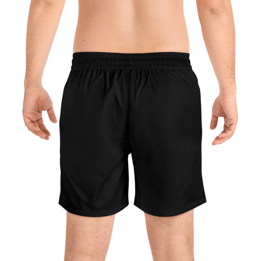 Men's Swim Shorts with 'LEP's Performance Cycles' Bike Logo — Black Mid-Length Beach Trunks