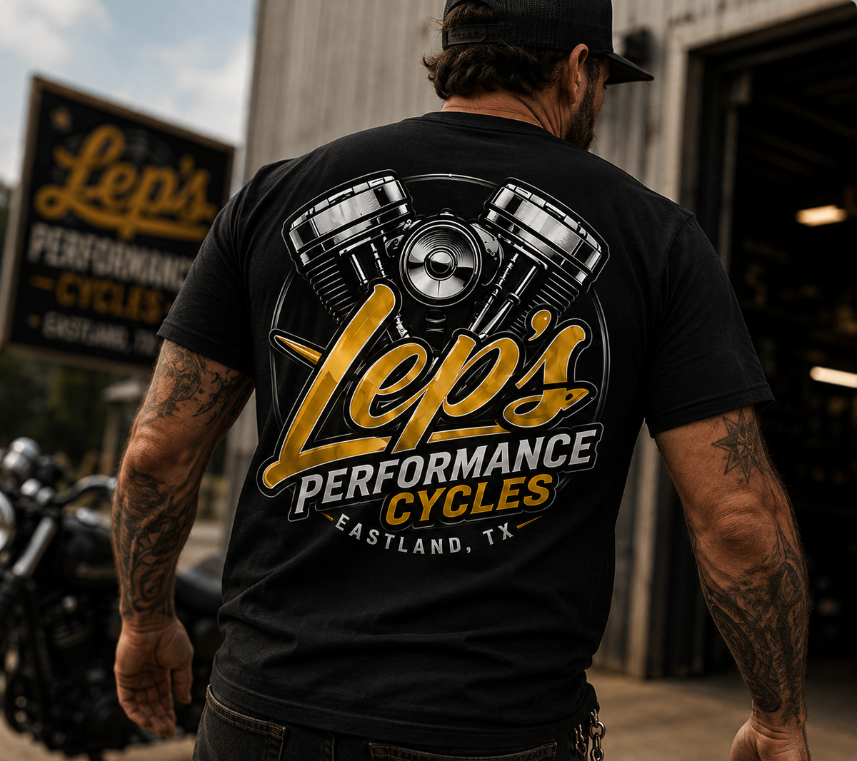 Lep's Performance Cycles Motorbike T‑Shirt — Engine Pistons Logo Tee