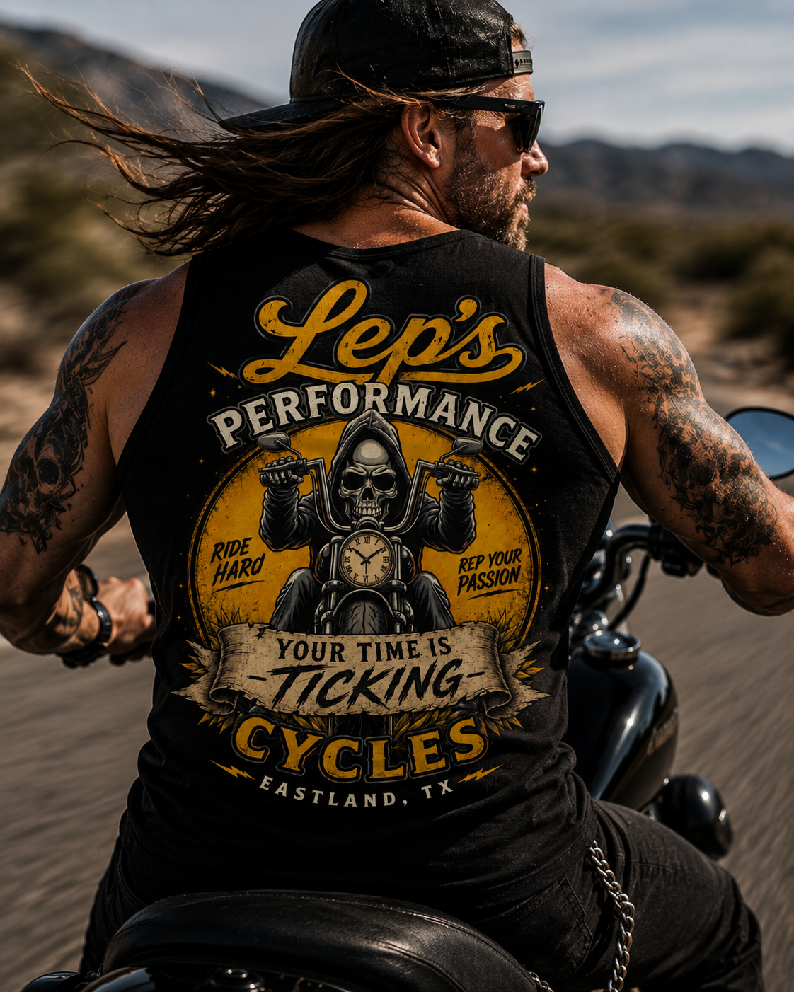 Motorcycle Club Tank Top — "Lep's Performance Cycles: Your Time Is Ticking"