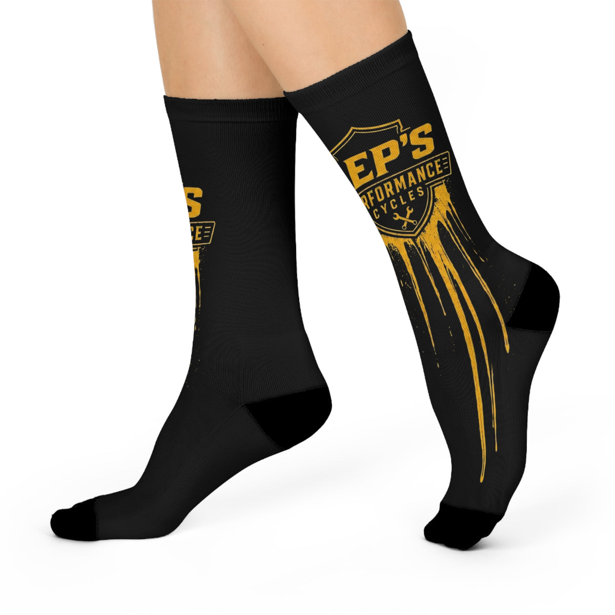 Cushioned Crew Socks — Pep's Performance Cycles Logo Crew Socks (Black & Gold Drip)