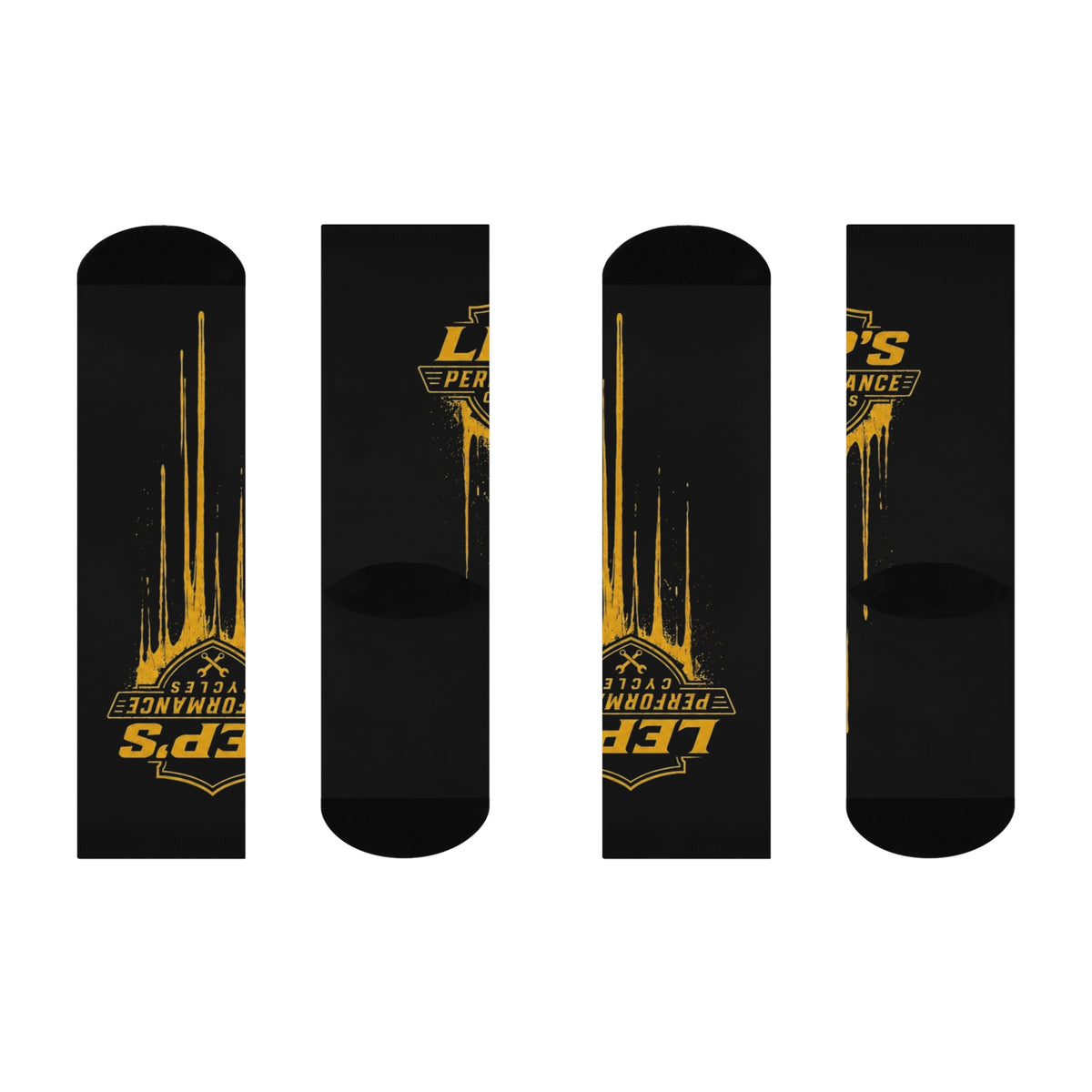 Cushioned Crew Socks — Pep's Performance Cycles Logo Crew Socks (Black & Gold Drip)