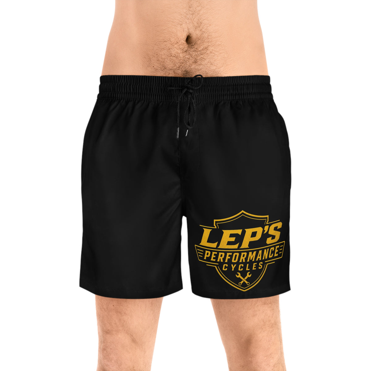 Men's Swim Shorts with 'LEP's Performance Cycles' Bike Logo — Black Mid-Length Beach Trunks